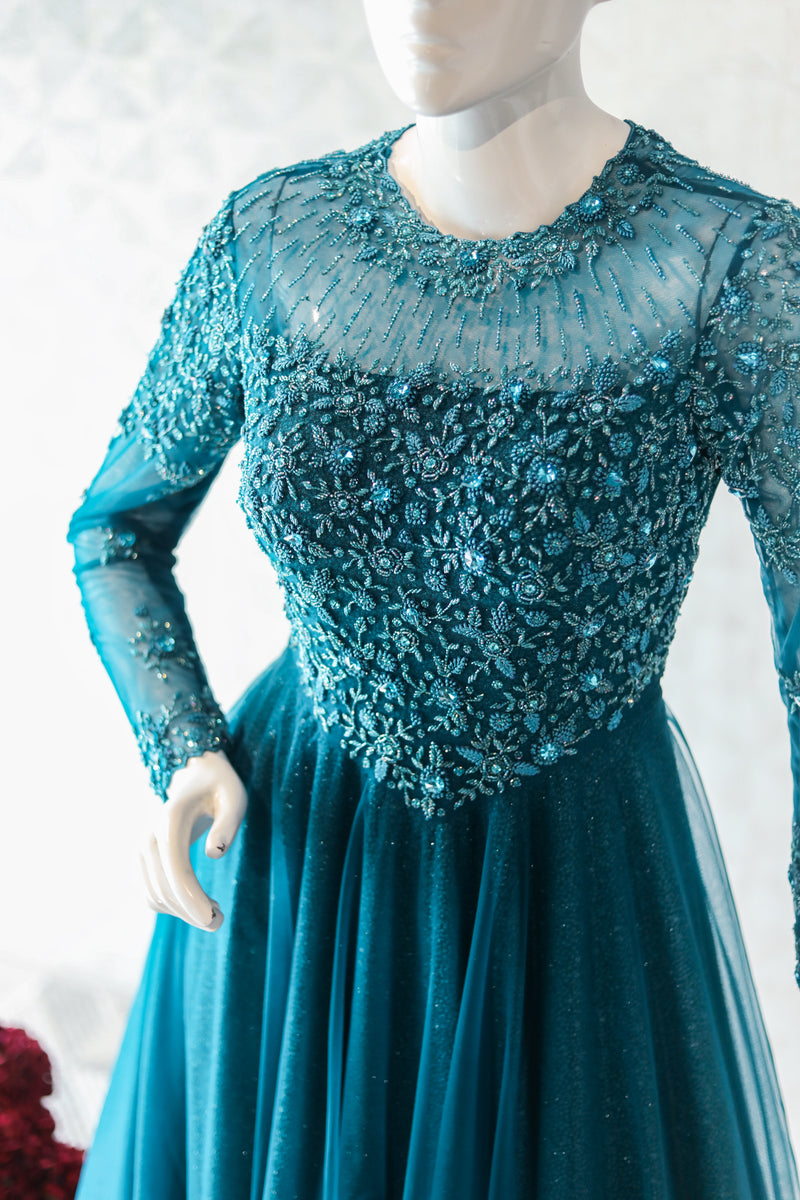 Designarche Teal Blue Ruffle Off Shoulder Gown With Decent Full Sleeves