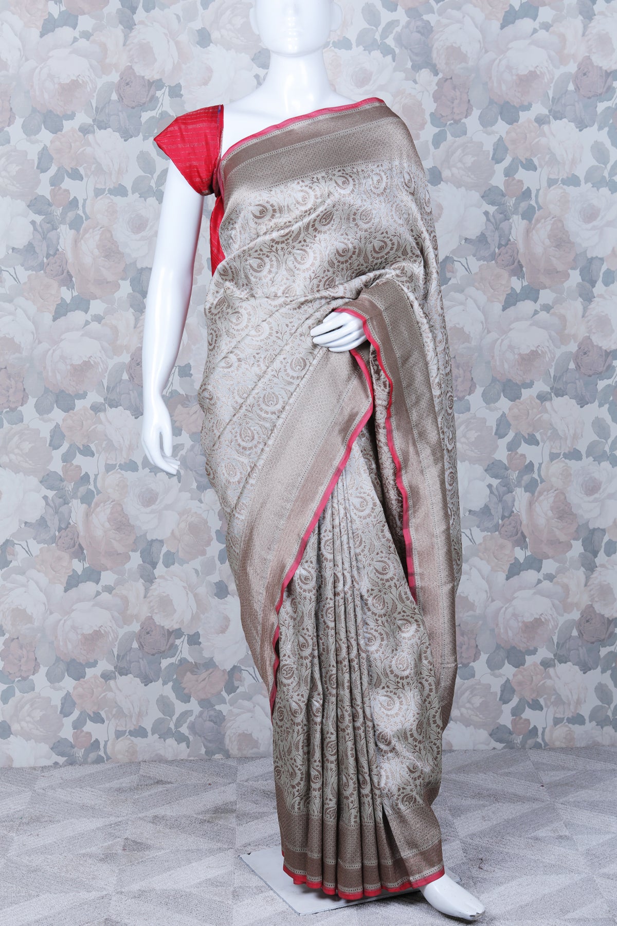 Beige and Red Color Combination Tussar Silk Saree