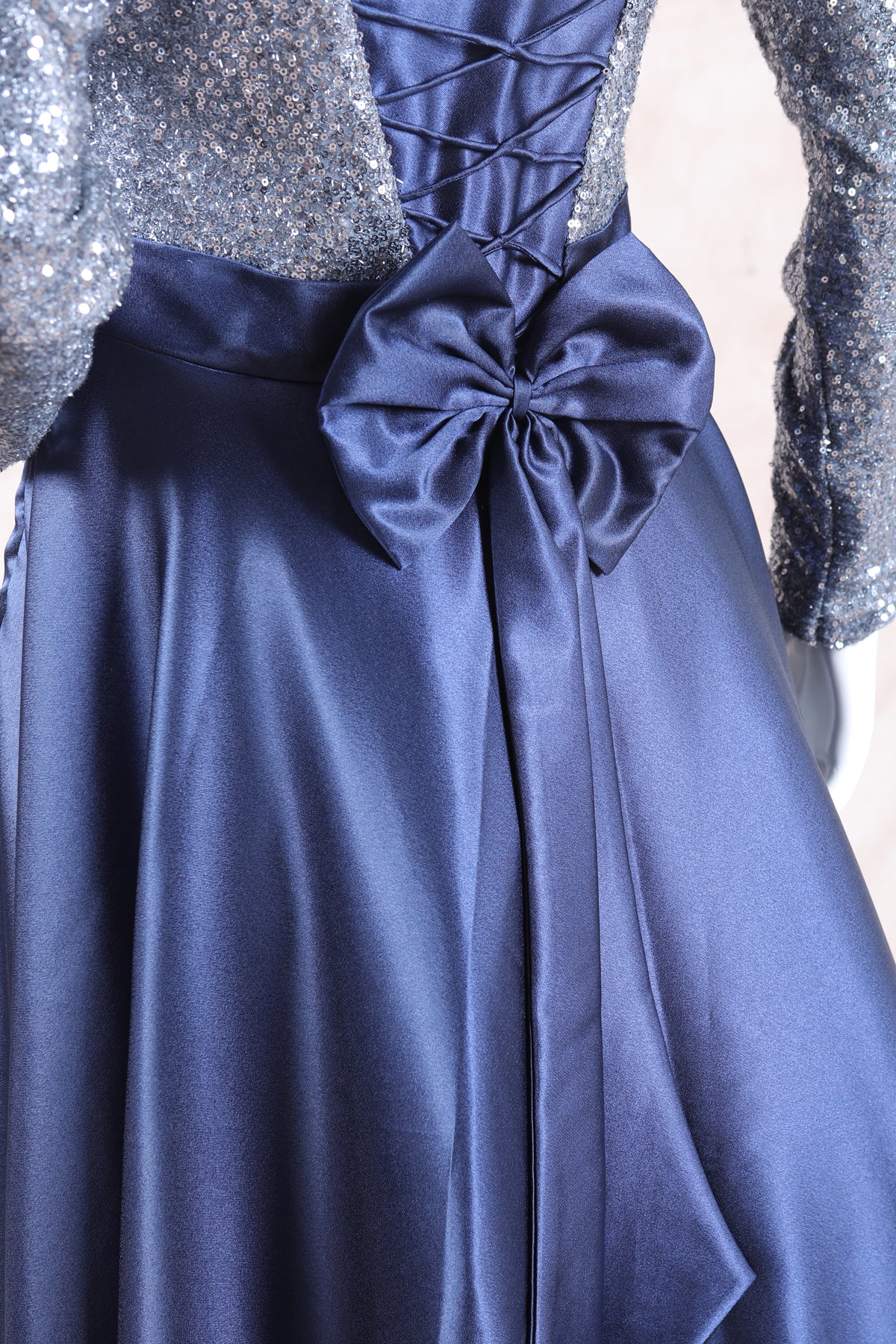 blue and silver combination dress Royal Blue Lace Silver Satin Two-piece Prom Dress