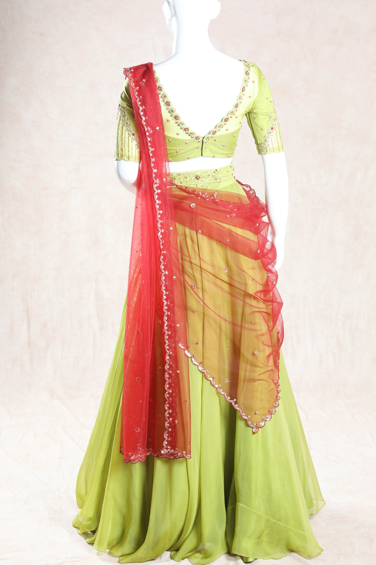 Lemon Green and Red Color Embroidered Lehenga