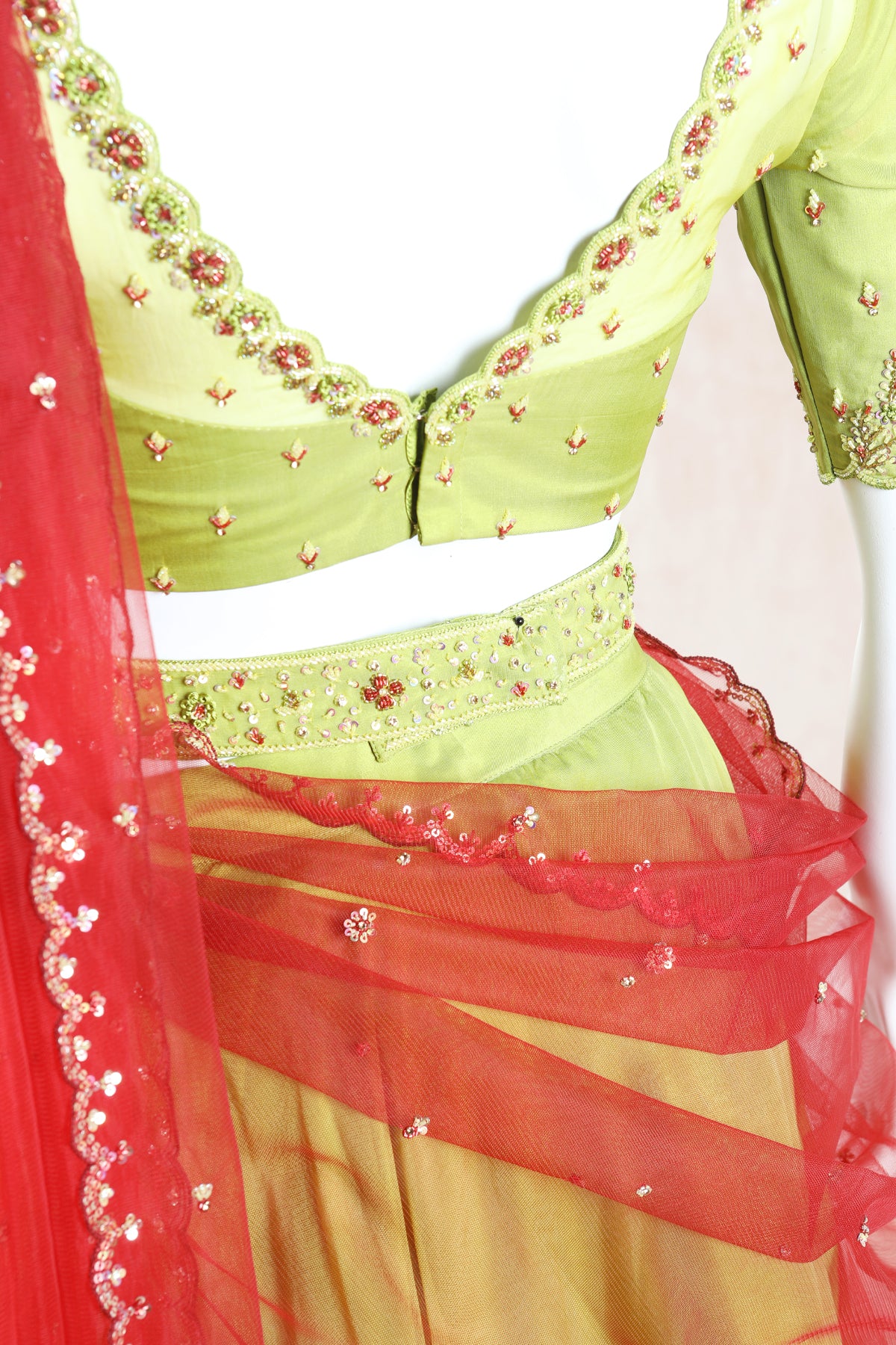 Lemon Green and Red Color Embroidered Lehenga