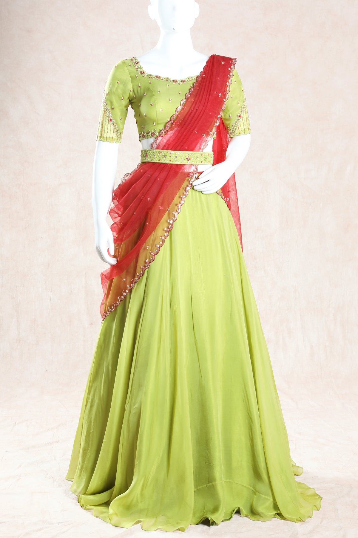 Lemon Green and Red Color Embroidered Lehenga | Mahek Designs Lemon Green and Red Color Embroidered Lehenga | Mahek Designs