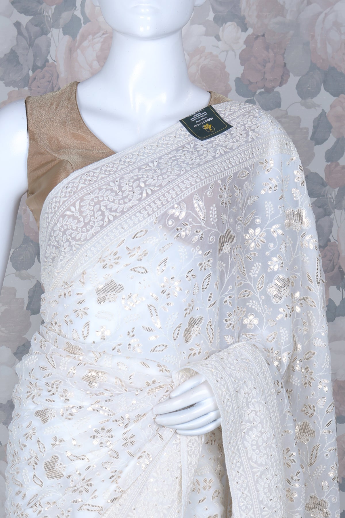 White and Gold Color Combination Embroidery Organza Saree