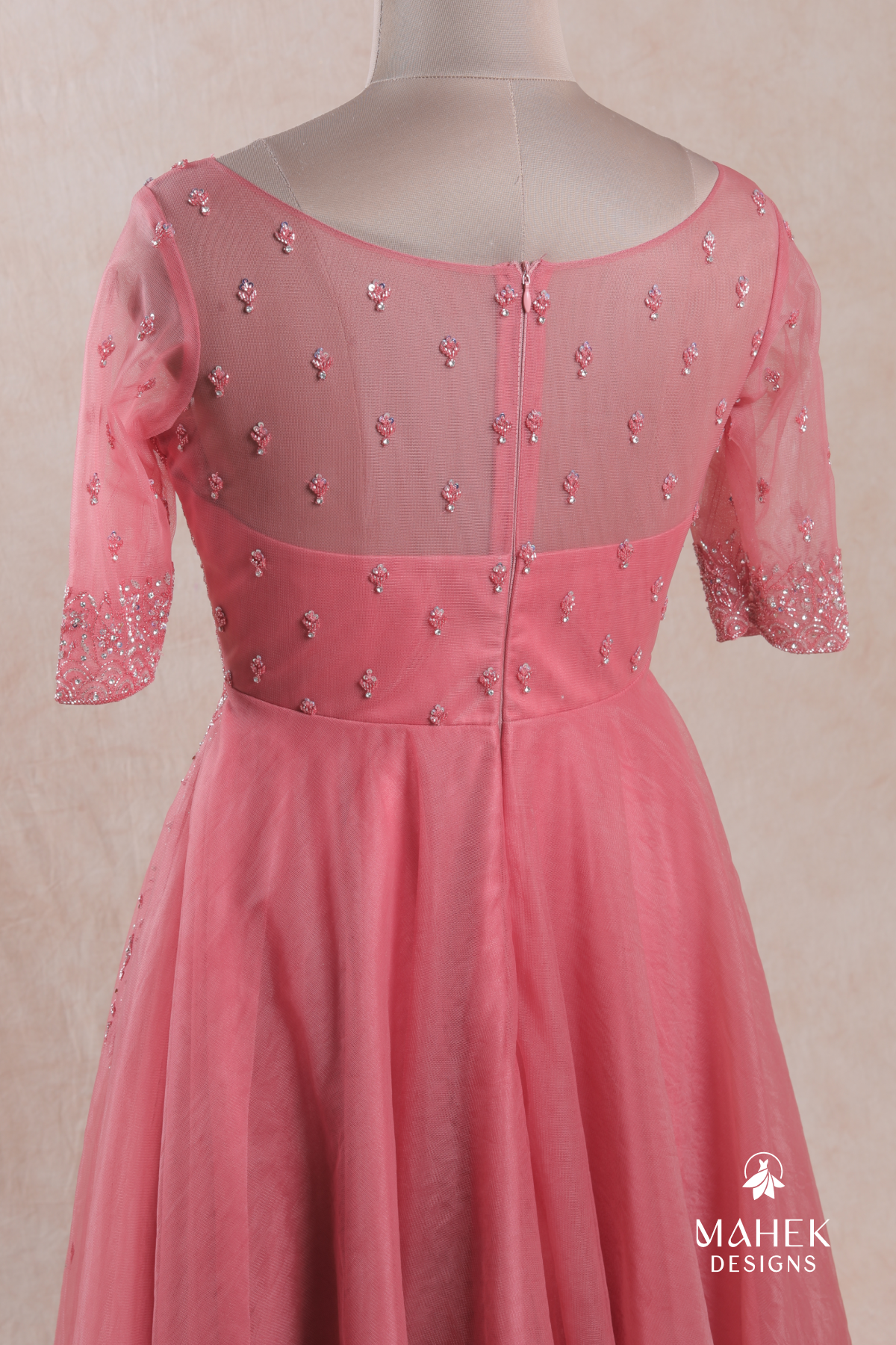 Pink Peach Color Embroidered Net Gown
