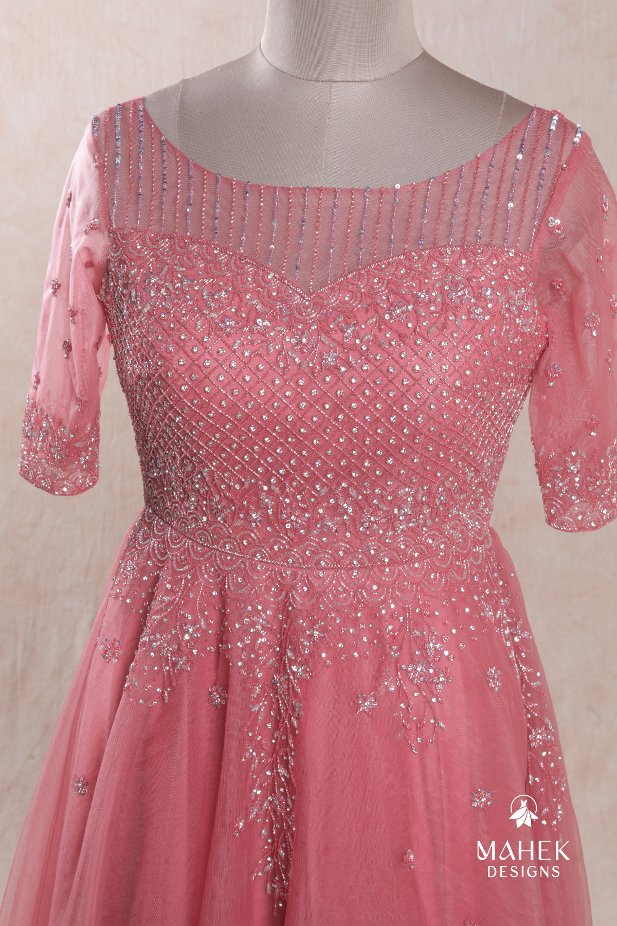 Pink Peach Color Embroidered Net Gown