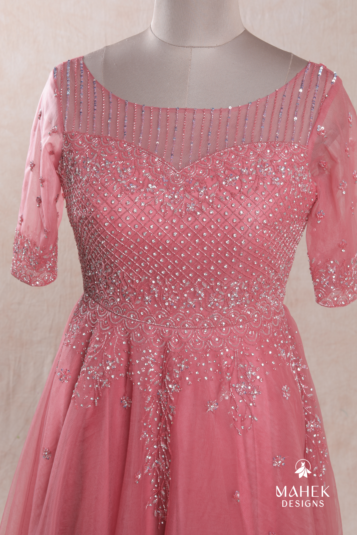 Pink Peach Color Embroidered Net Gown Mahek Designs Pink Peach Color Embroidered Net Gown Mahek Designs