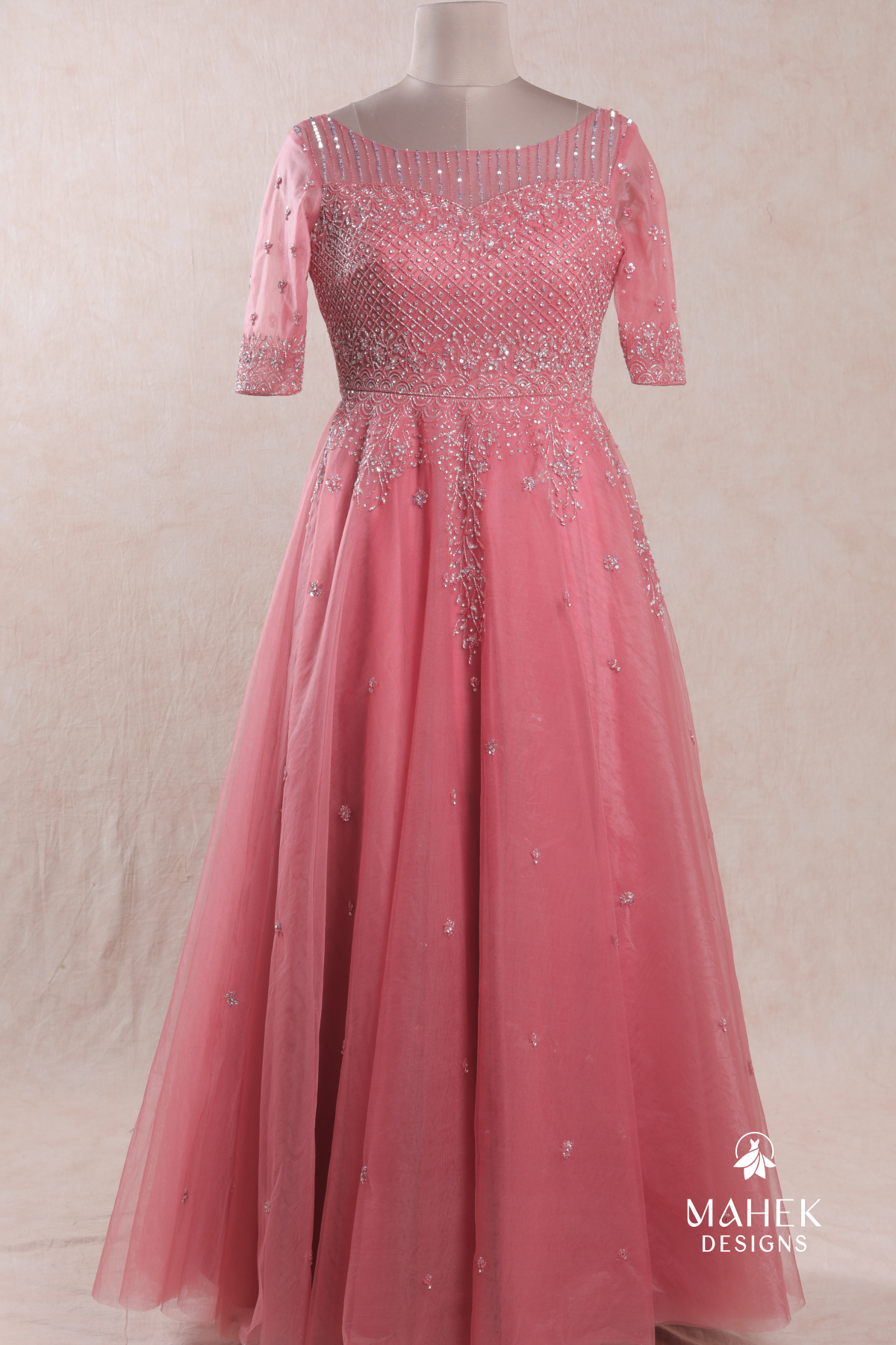 Lovely Peach Color Embroidery Sequence Work Gown – Amrutamfab