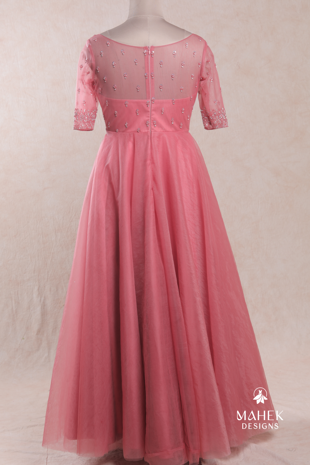 pink net dress Anarkali Gown Half Net Dress Design Dusty Pink Floral Embroidered Net Anarkali Style Gown