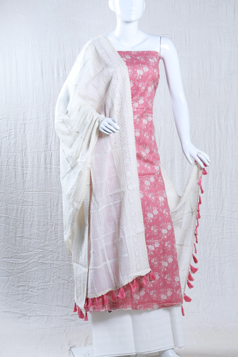Pink Cotton Chikankari Unstitched Salwar Set