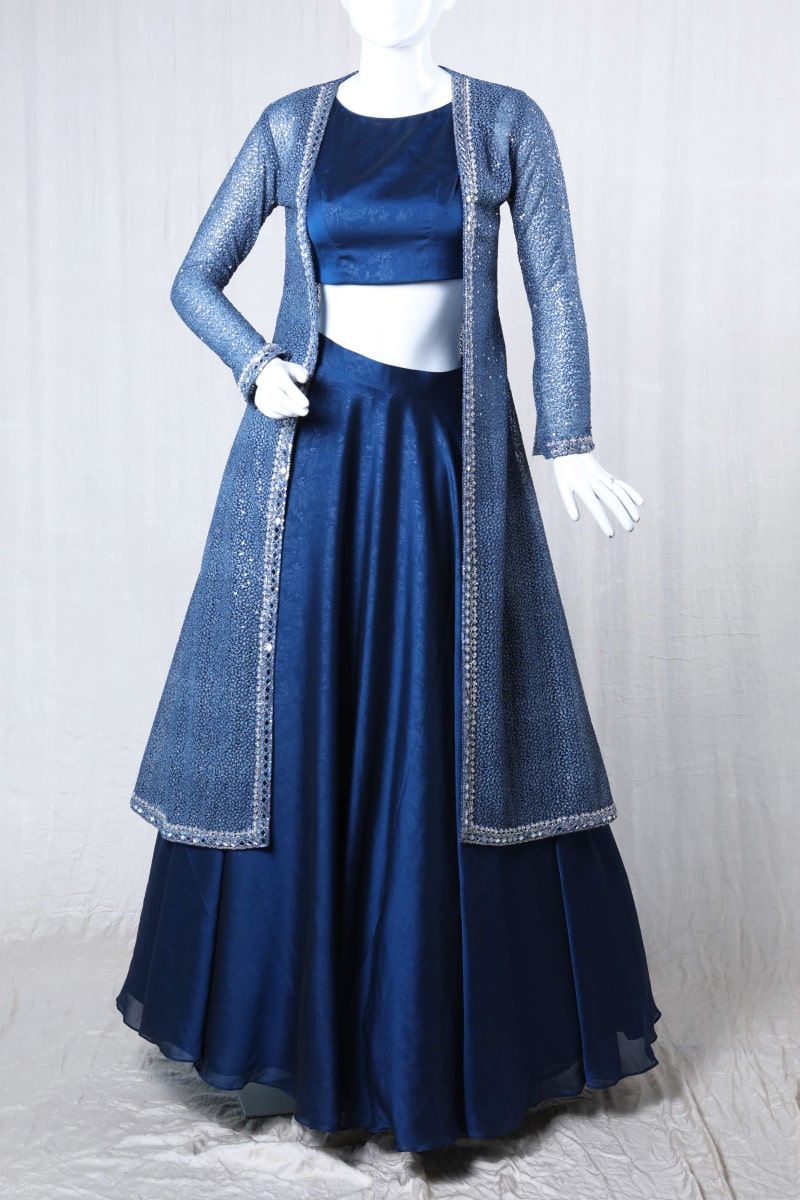 Dark and light blue Crop top and skirt with shrug