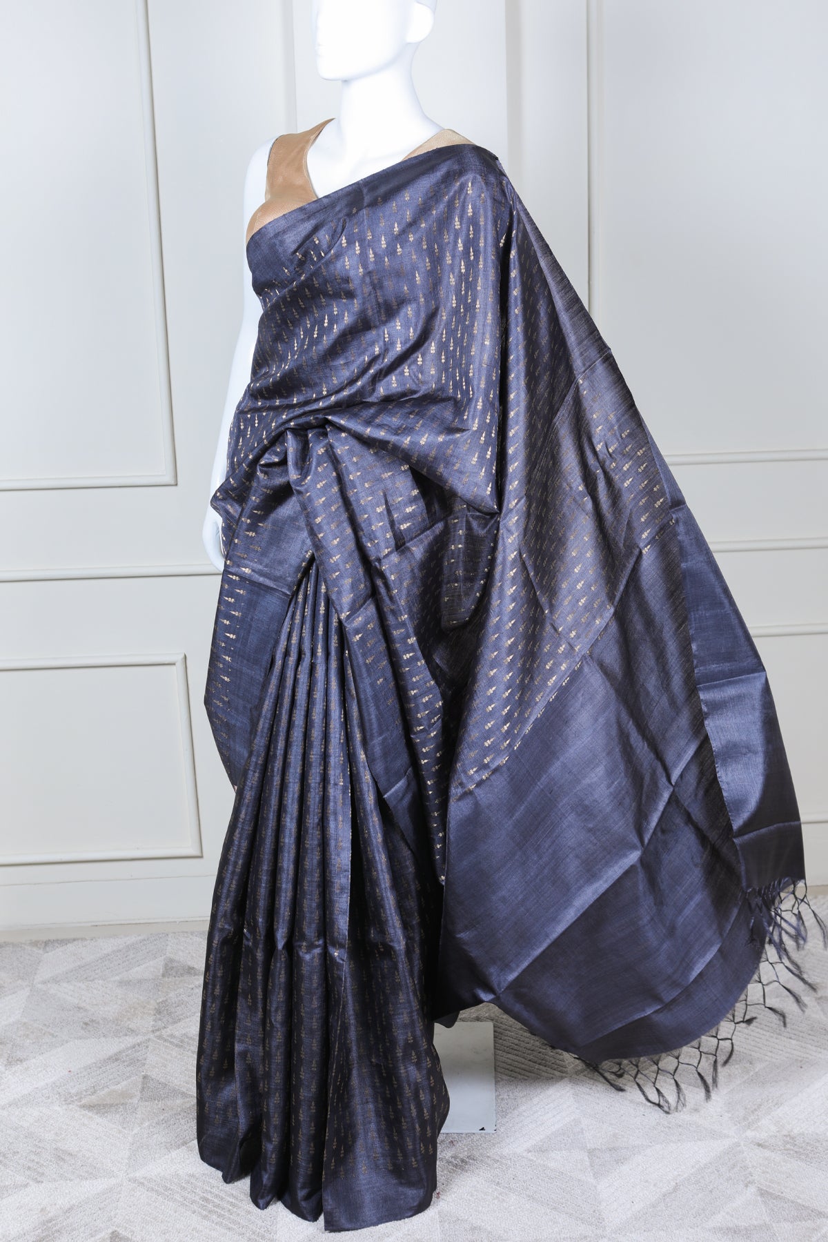 Metallic Grey Tussar Silk Saree
