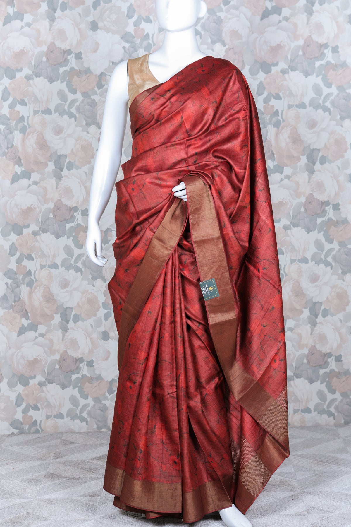 Brick Red Tussar Silk Saree