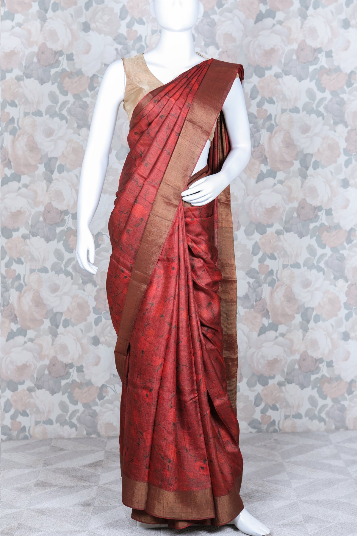 Brick Red Tussar Silk Saree