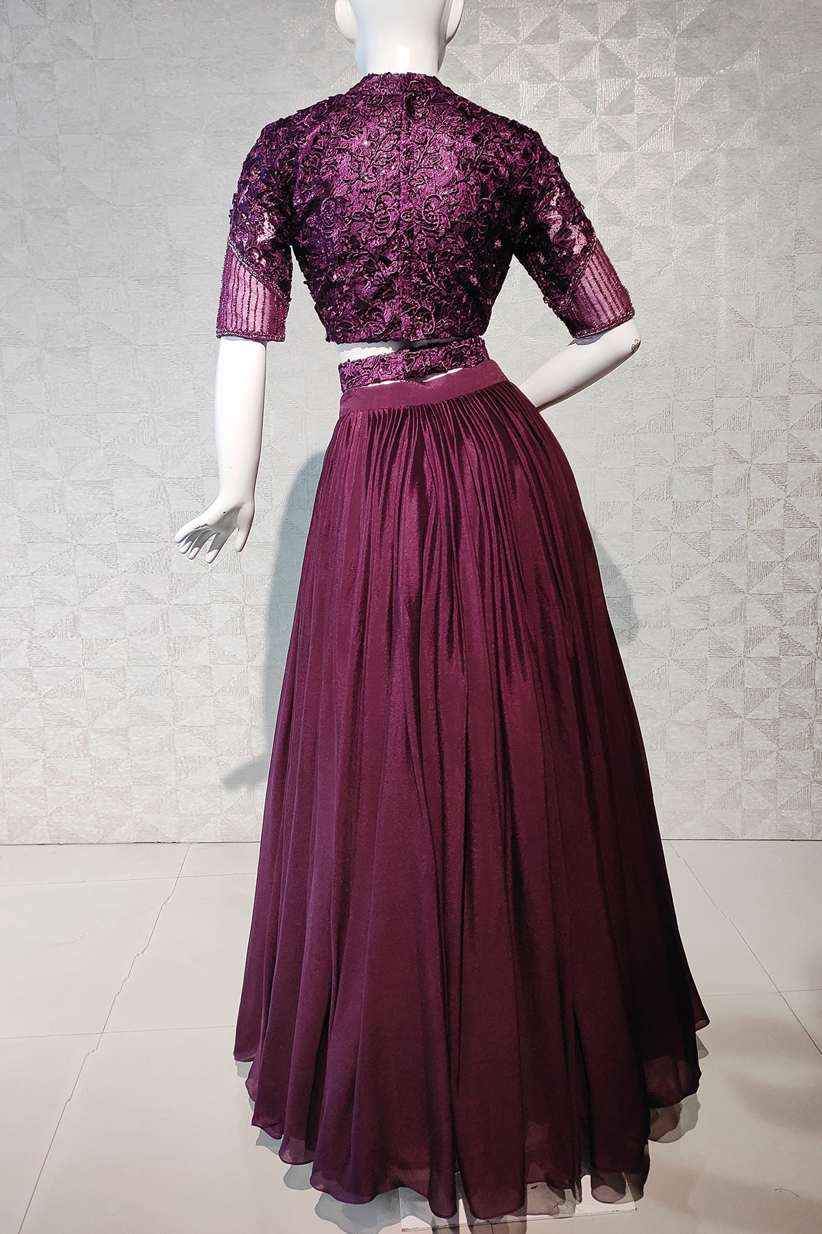 Burgundy Color Drape Style Crop Top and Skirt
