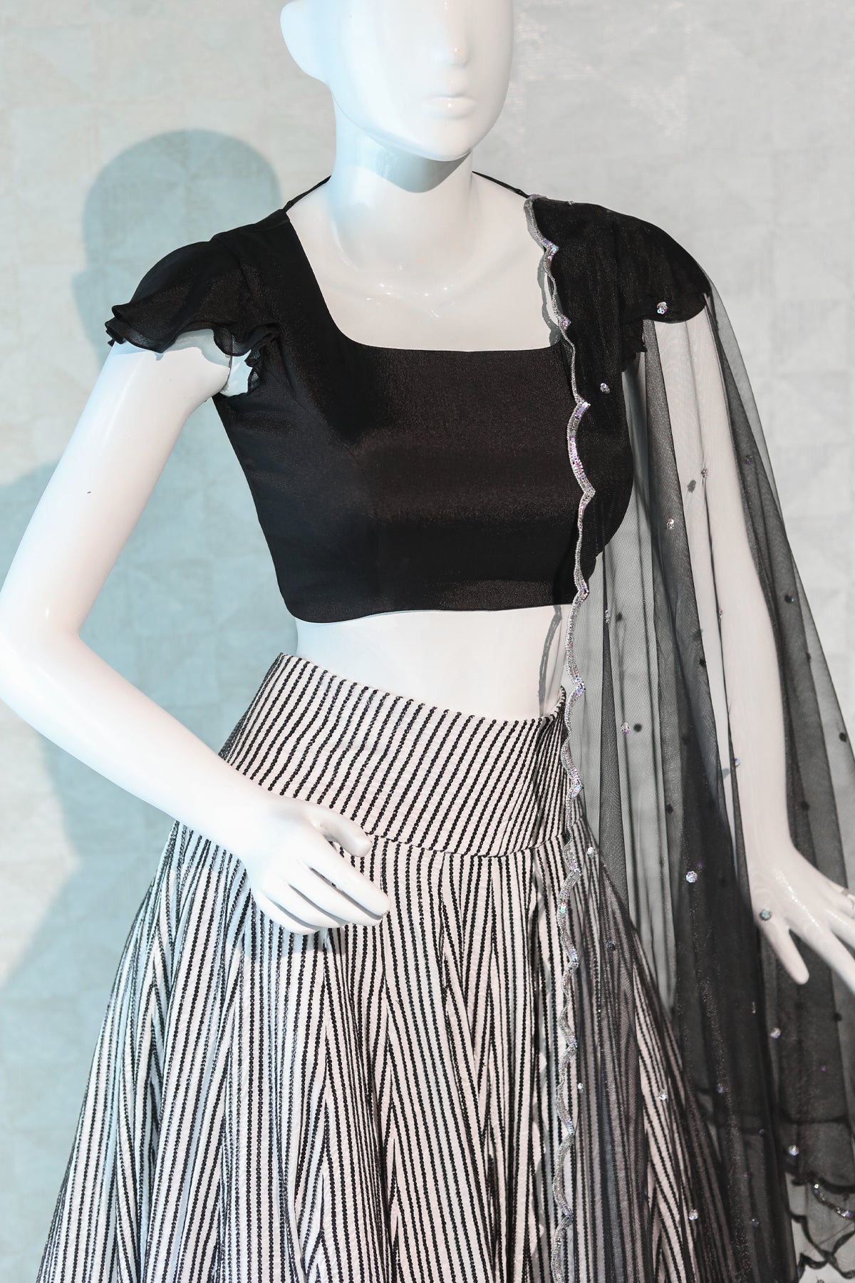 Black and White Color Embroidered Lehenga