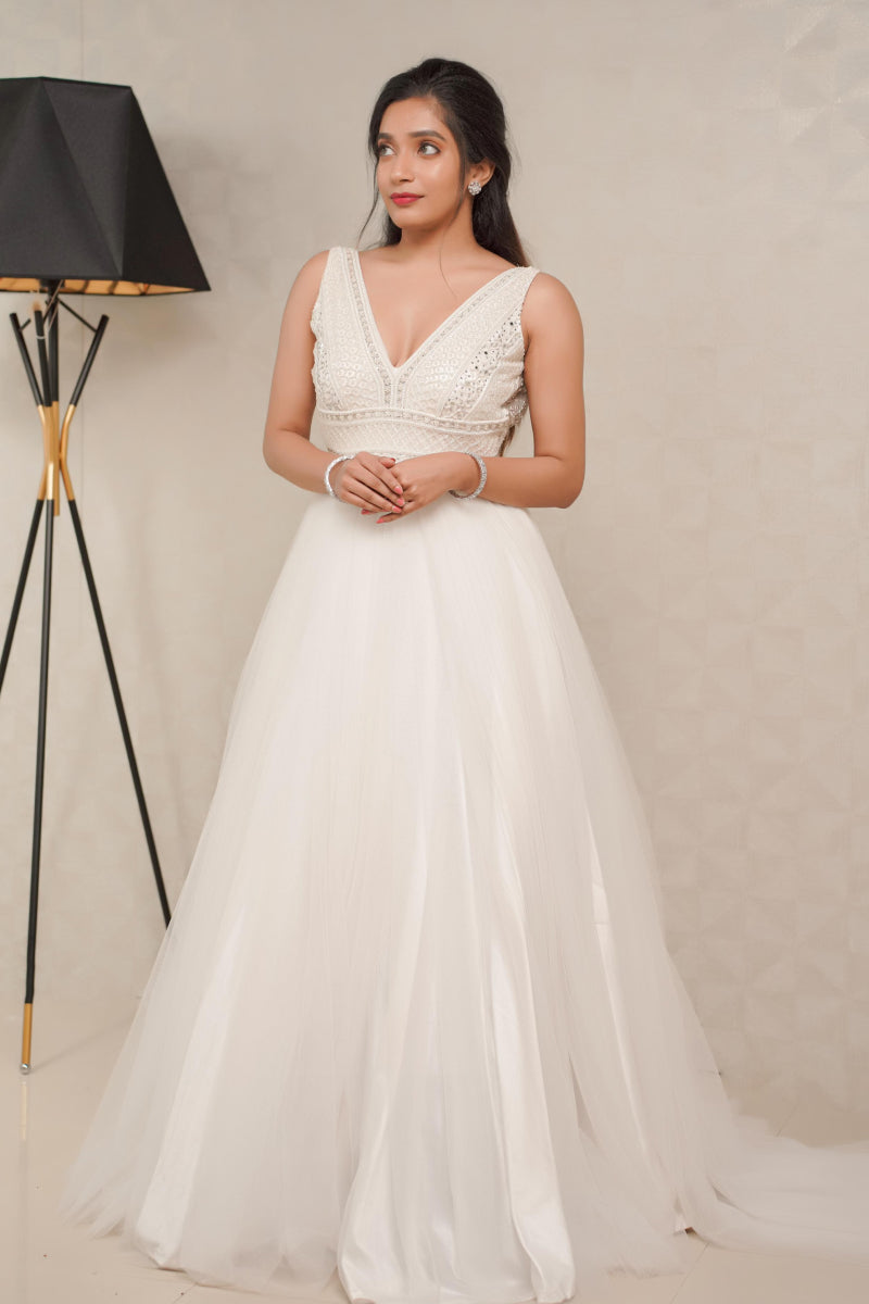 Astonishing Off-White Color Soft Net Fabric Fancy Work Designer Gown